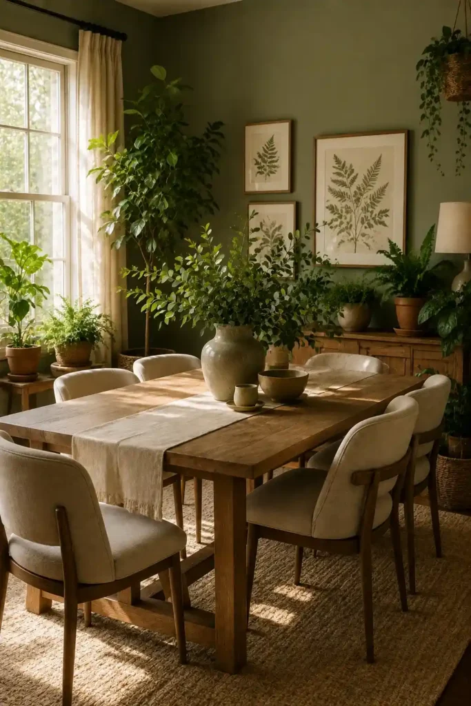 Green dining room decorated with plants and botanical artwork