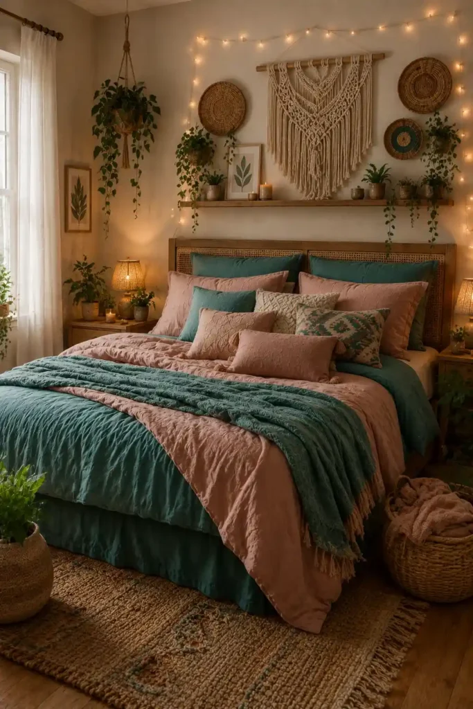 Teal and pink boho bedroom with natural woven decor