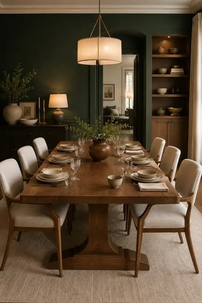 Dark green dining room with warm wooden dining table