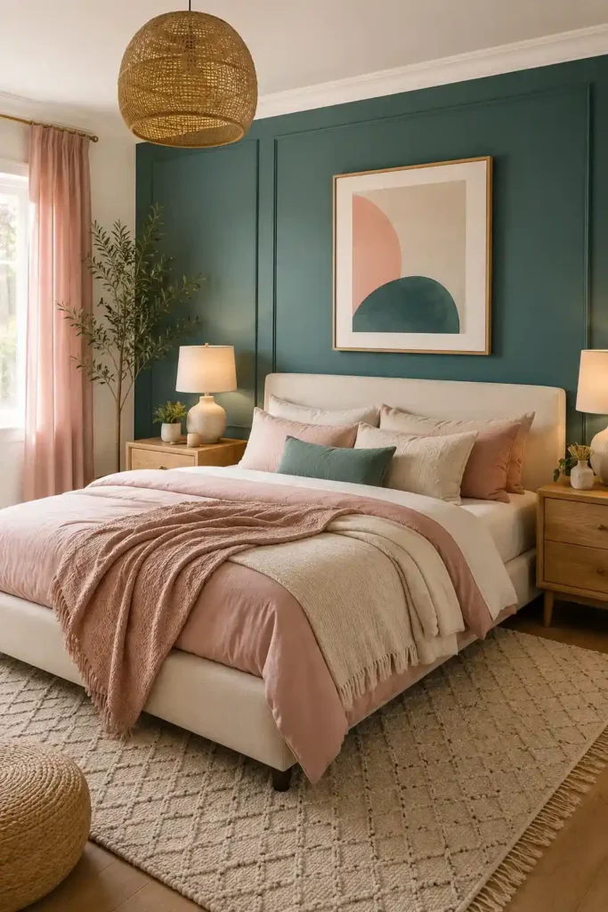 Teal and pink bedroom with neutral cream and wood furniture