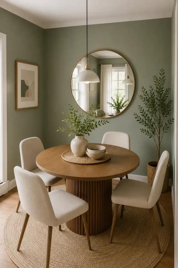 Small sage green dining room with round table and mirror