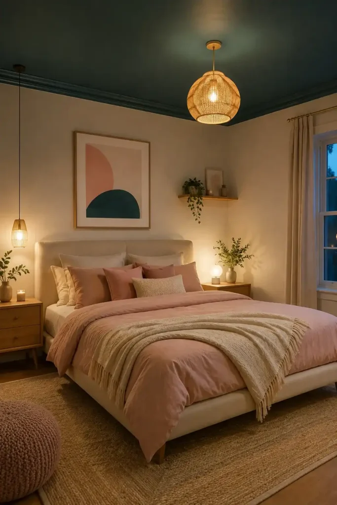 Bedroom with teal ceiling and blush pink bedding
