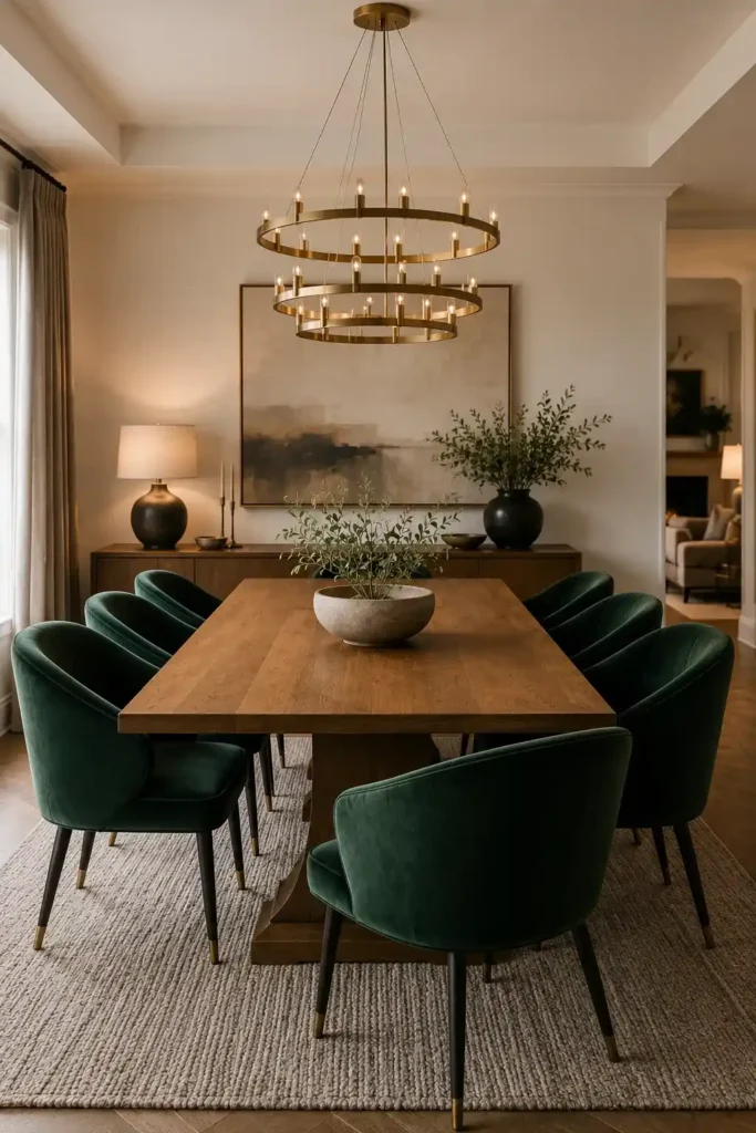 Green dining room with luxurious emerald velvet chairs