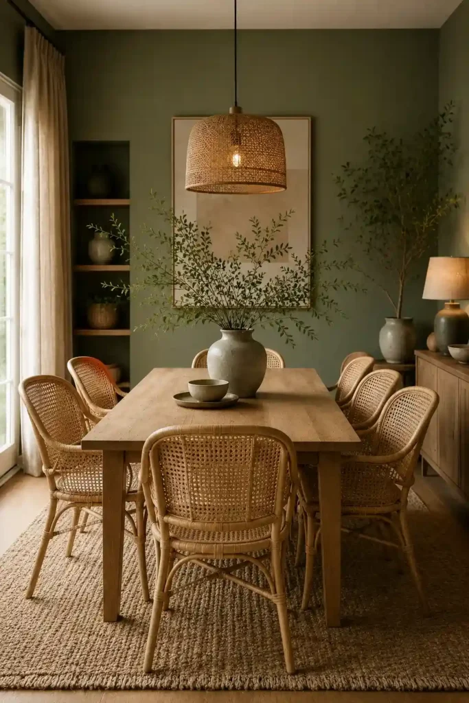 Green dining room with rattan chairs and natural textures