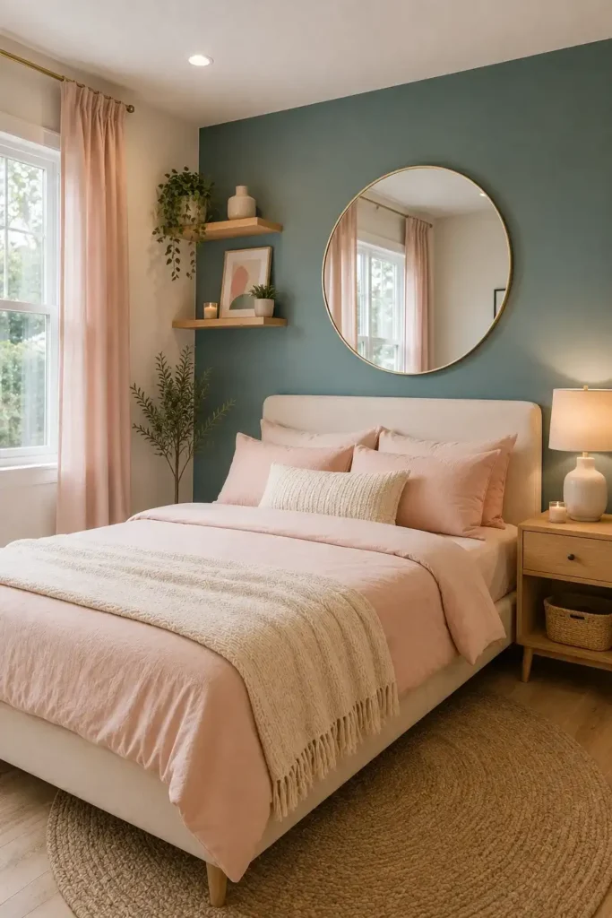 Small teal and pink bedroom with space-saving decor