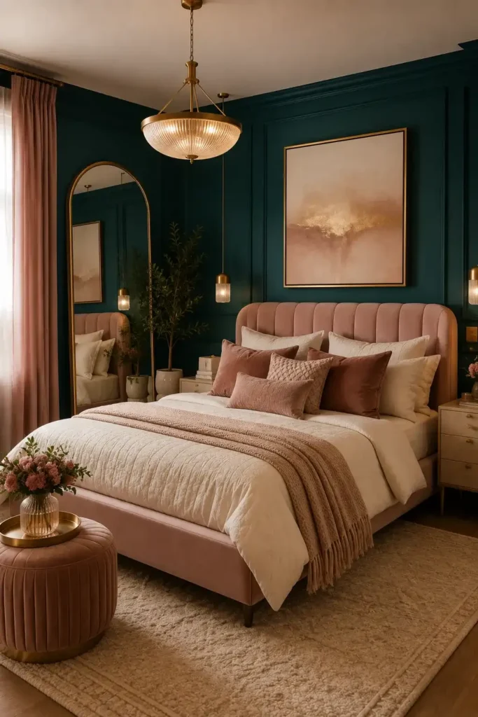 Elegant teal and pink bedroom with velvet and brass accents
