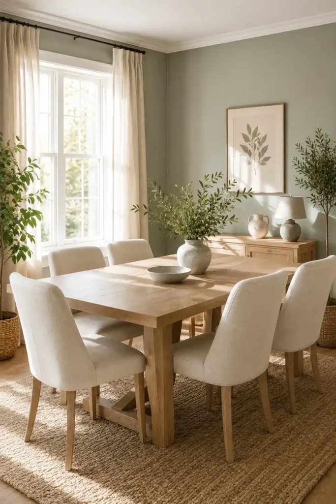 Soft sage green dining room with light wood furniture