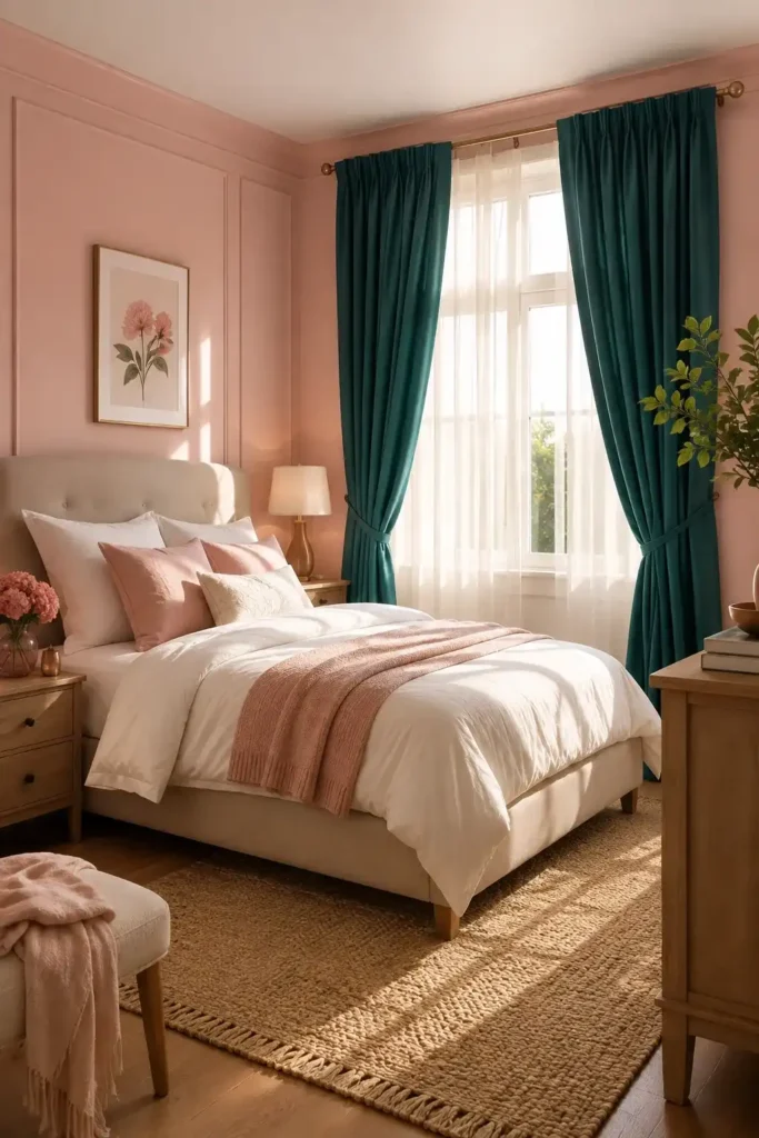 Blush pink bedroom walls with elegant teal curtains