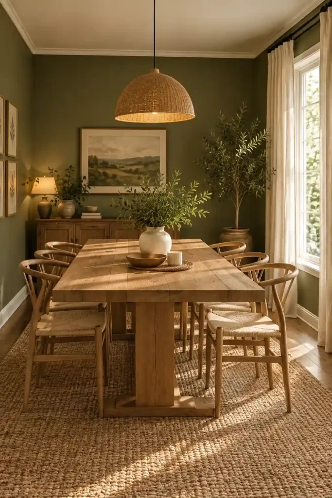 Green dining room with natural wood table and chairs