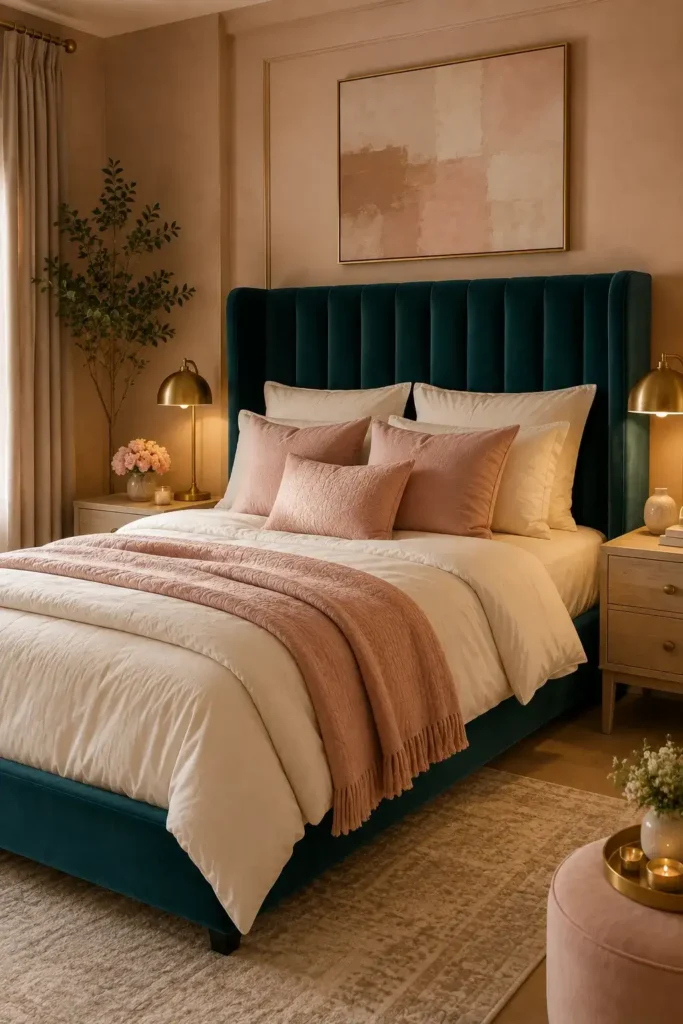 Teal upholstered bed with soft pink bedroom accessories