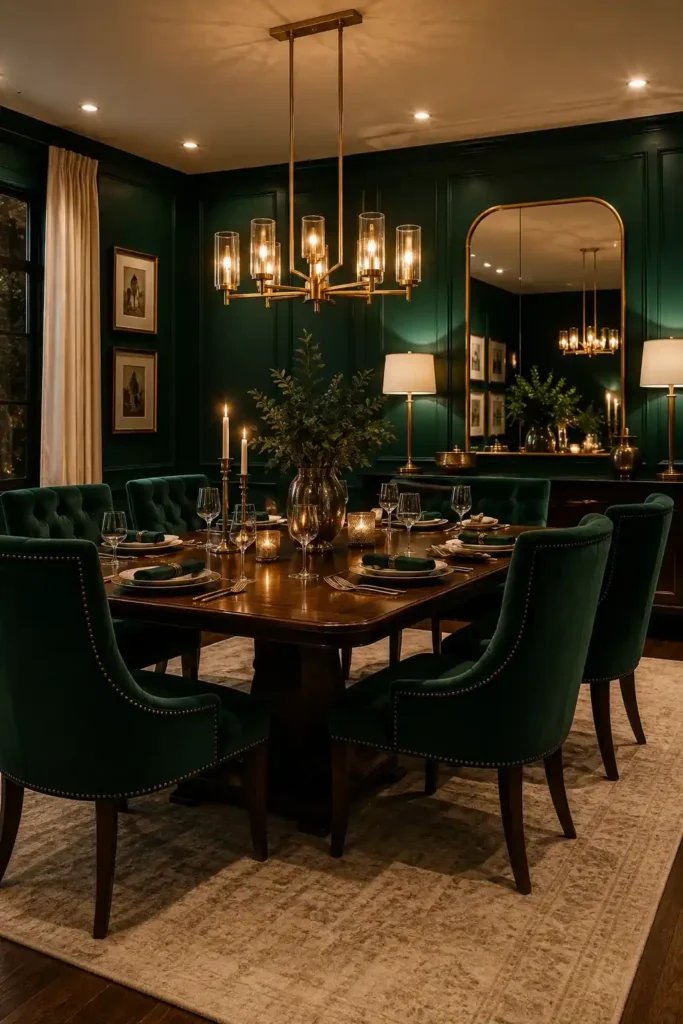 Emerald green dining room with brass accents and elegant furniture