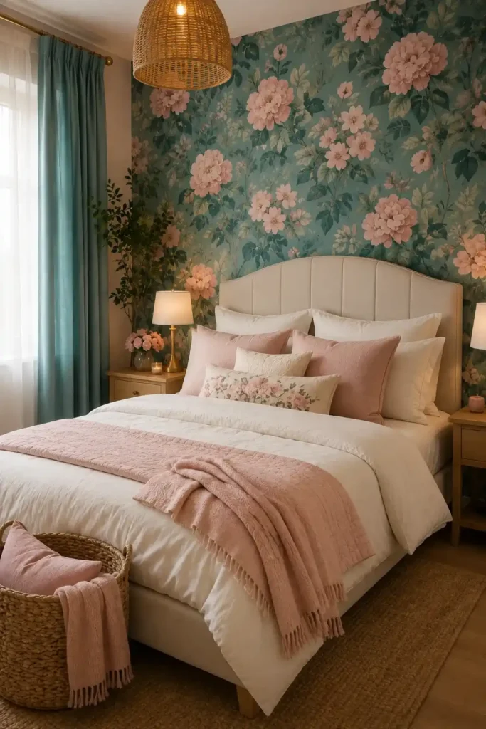 Teal and pink floral wallpaper bedroom with cozy decor