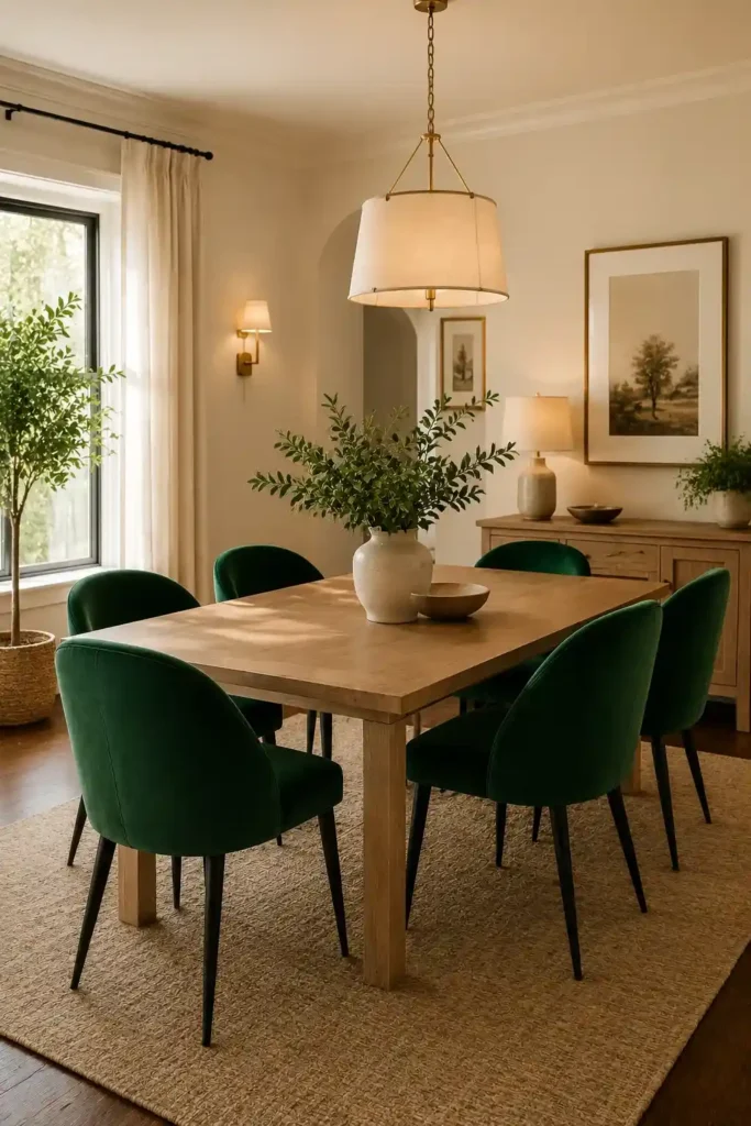Dining room with emerald green upholstered chairs and wood table