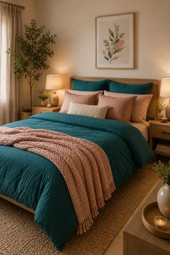 Teal bedding with pink throw pillows in a cozy bedroom