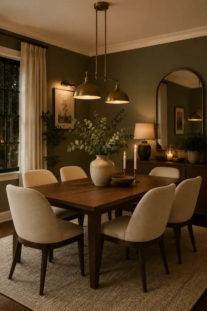 Olive green and cream dining room with walnut furniture