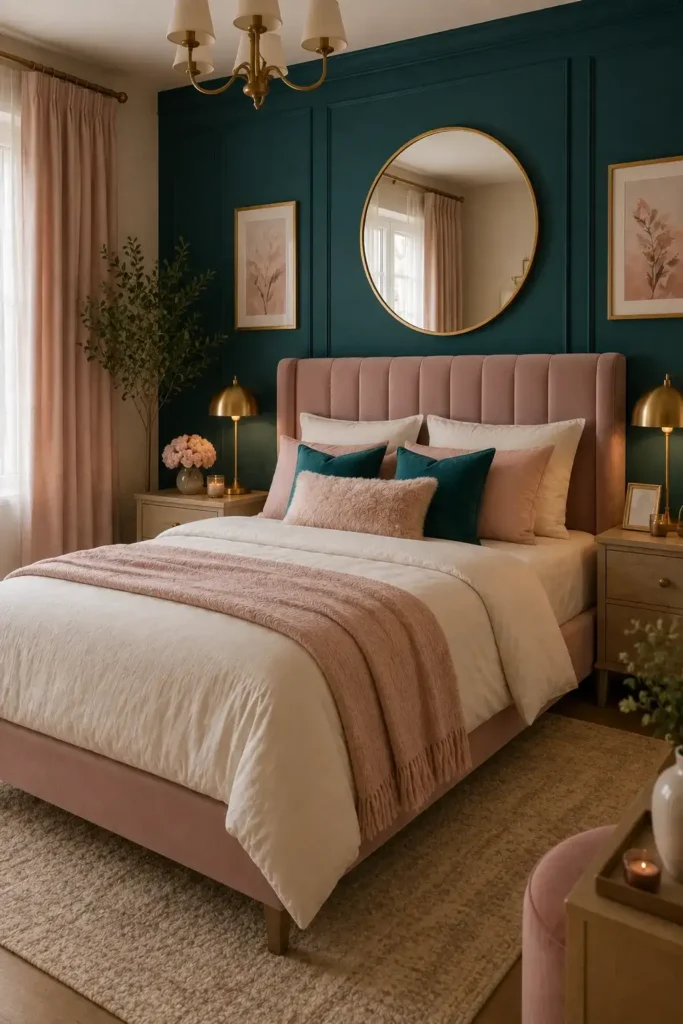 Elegant teal and pink bedroom with gold accents