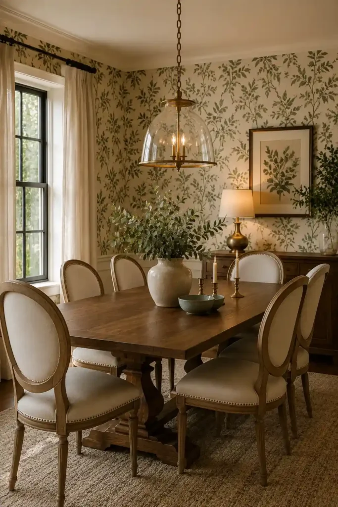 Green botanical wallpaper dining room with wooden furniture