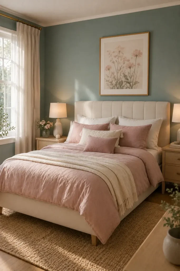 Soft teal bedroom walls with dusty pink decor