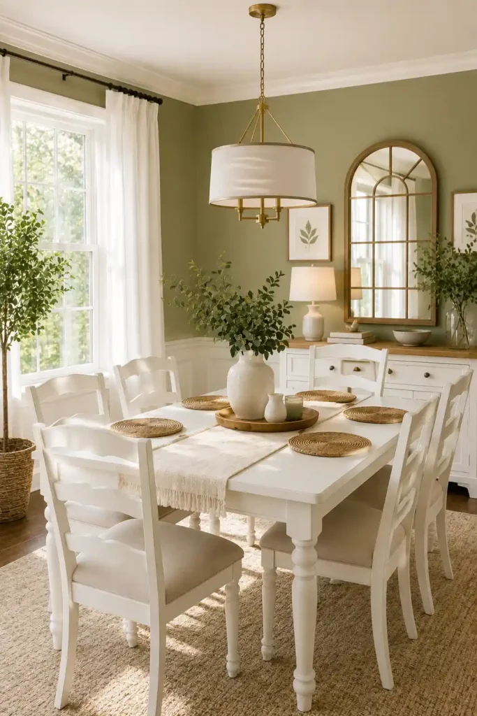 Green dining room decorated with plants and botanical artwork