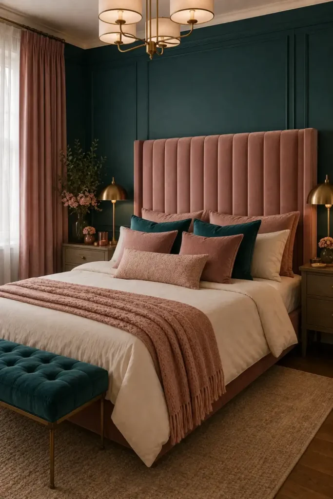 Pink upholstered headboard against a teal bedroom wall