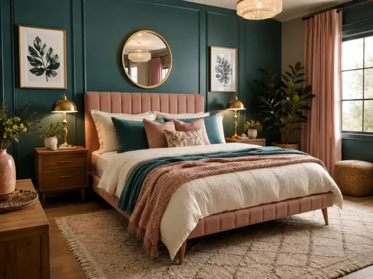 Teal and pink bedroom ideas with cozy modern decor and blush pink bedding
