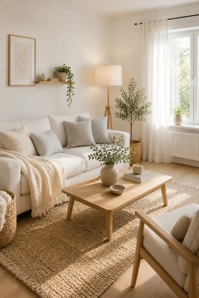 Scandinavian living room with white sofa, pale wood furniture, woven rug and cozy minimalist decor.