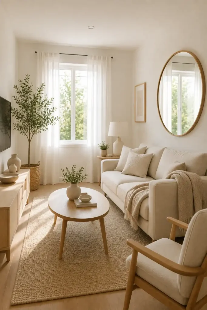 Small living room with light colors, cream sofa, pale wood furniture, mirror and airy decor.