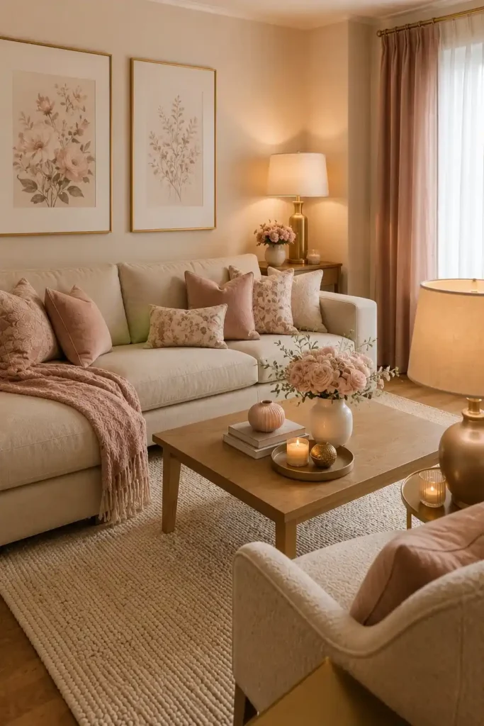Soft beige and blush pink living room with cream rug, brass accents and cozy elegant textures.