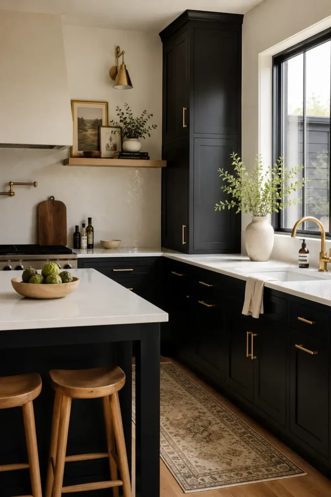 Black kitchen cabinets paired with bright white countertops.