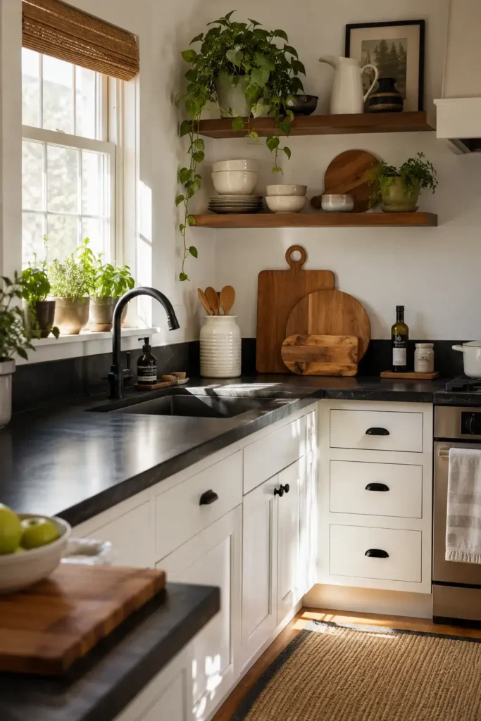 Black and white kitchen softened with green plants and herbs.