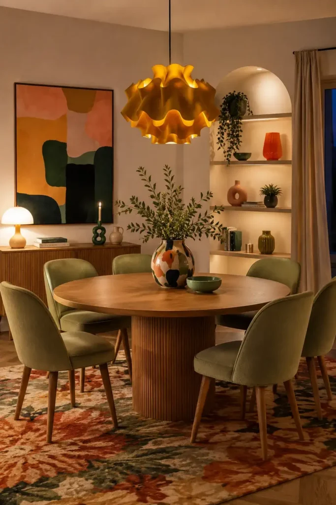 Mustard yellow pendant light above a colorful dining table