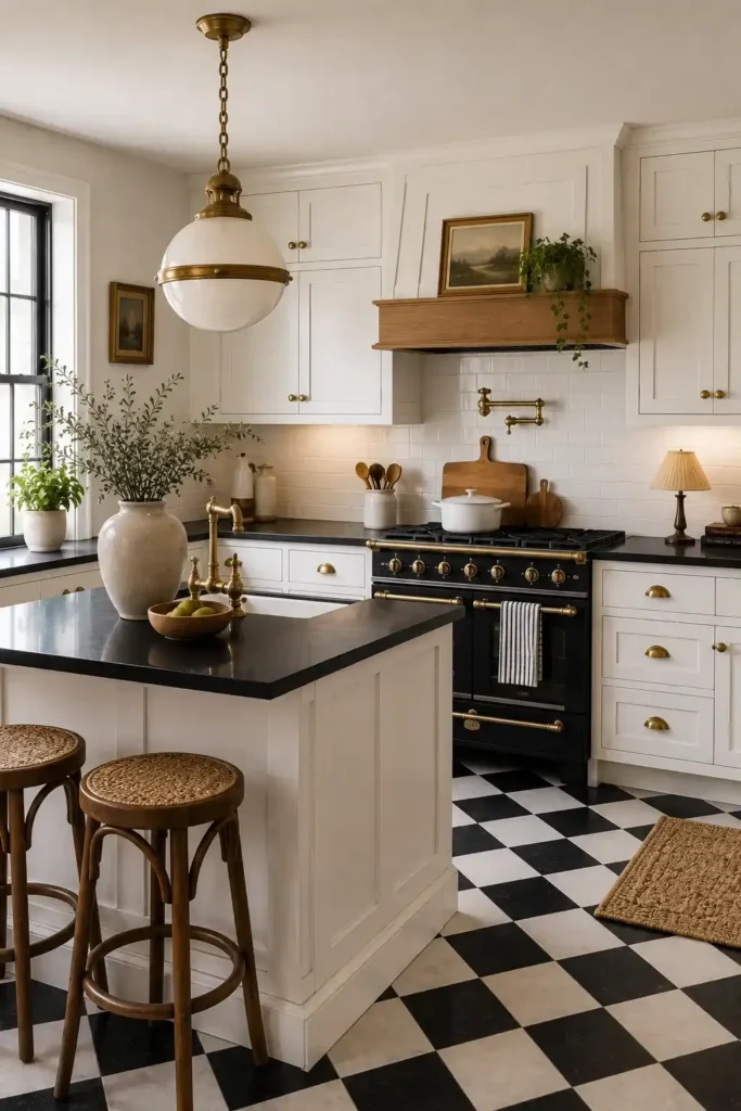 Black and white checkerboard kitchen floor with contrasting countertops.