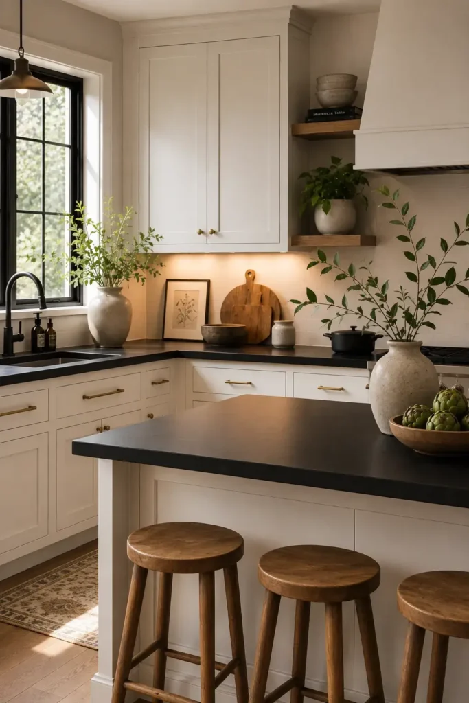 Matte black countertops paired with white shaker kitchen cabinets.