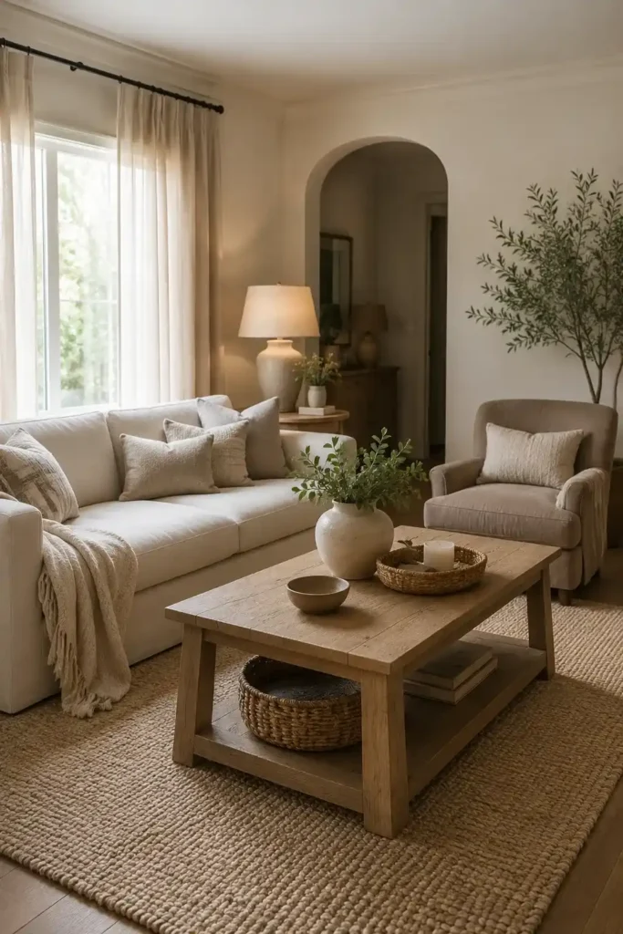 Warm neutral living room with cream sofa, beige rug, natural wood furniture and cozy layered textures.