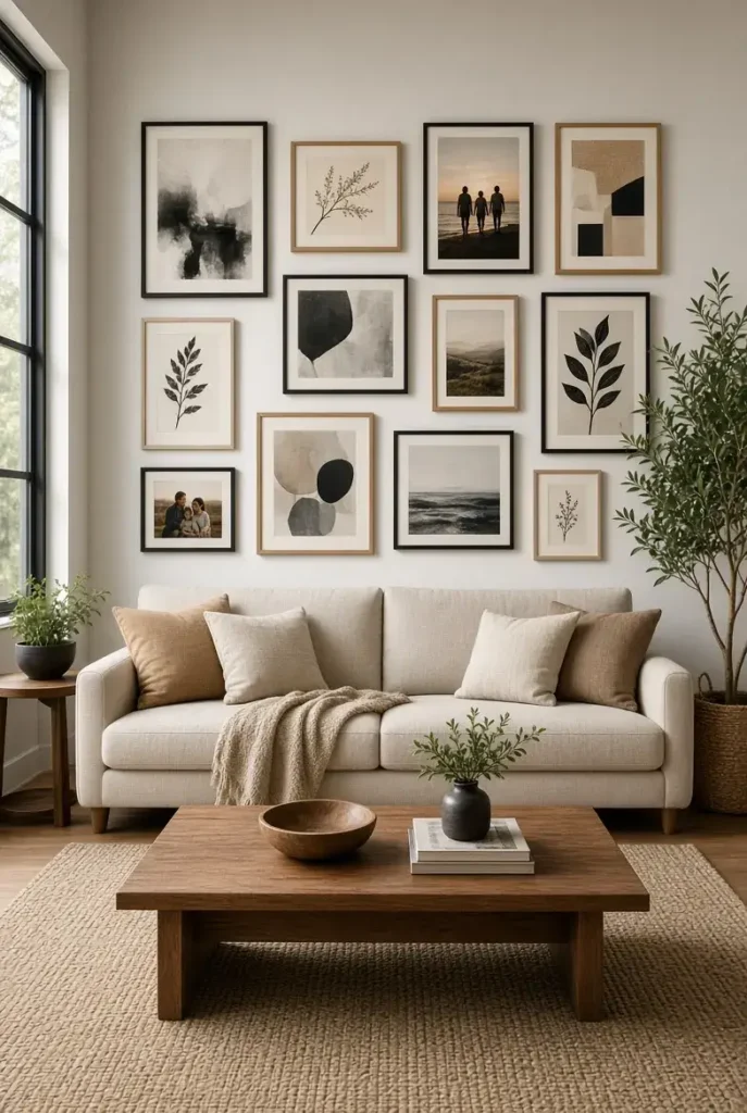 Large gallery wall with mixed frames above a beige sofa in a cozy living room.