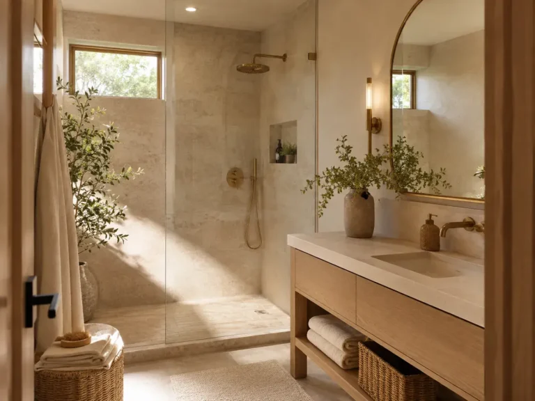 Small bathroom with stylish walk-in shower and warm neutral colors