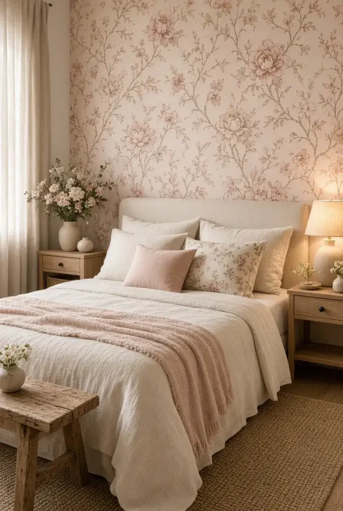 Soft floral wallpaper bedroom with cream bedding and warm lighting