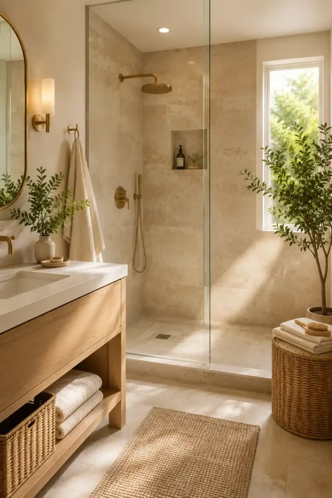 Small white and beige bathroom with frameless walk-in shower