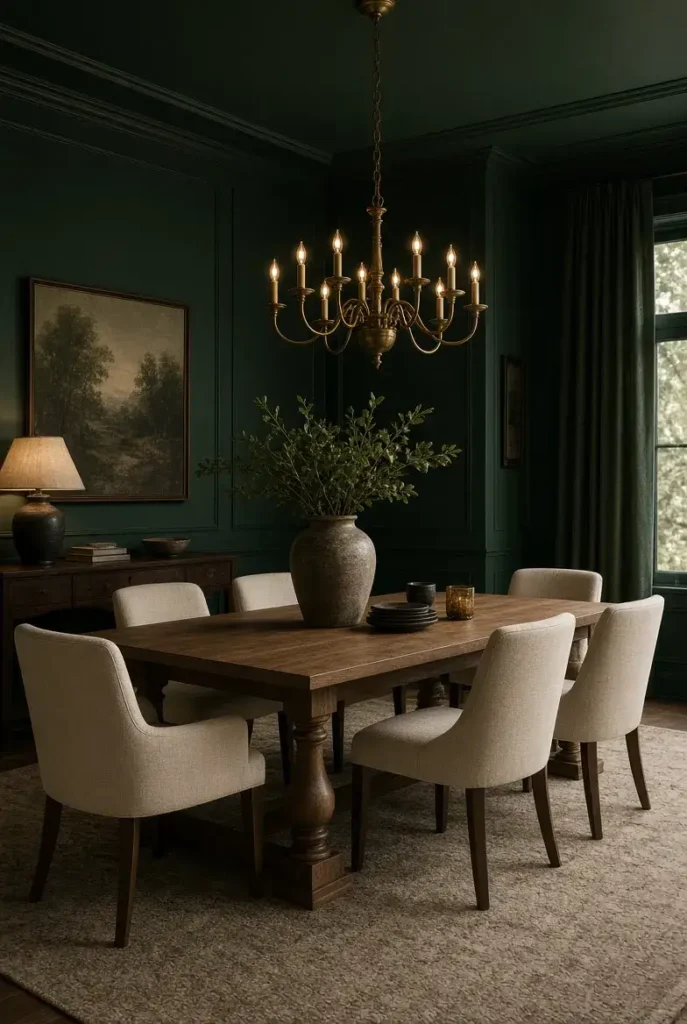 Deep forest green color drenched dining room with warm wood table and brass chandelier.