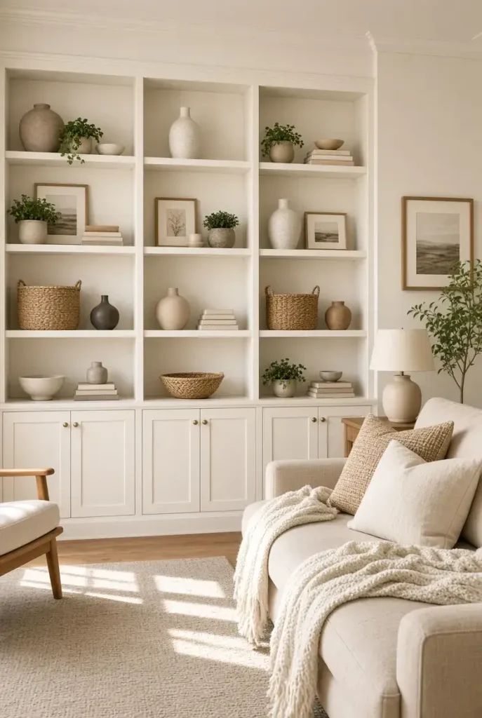 Warm white built in shelves styled with plants, books, and neutral decor in a bright living room
