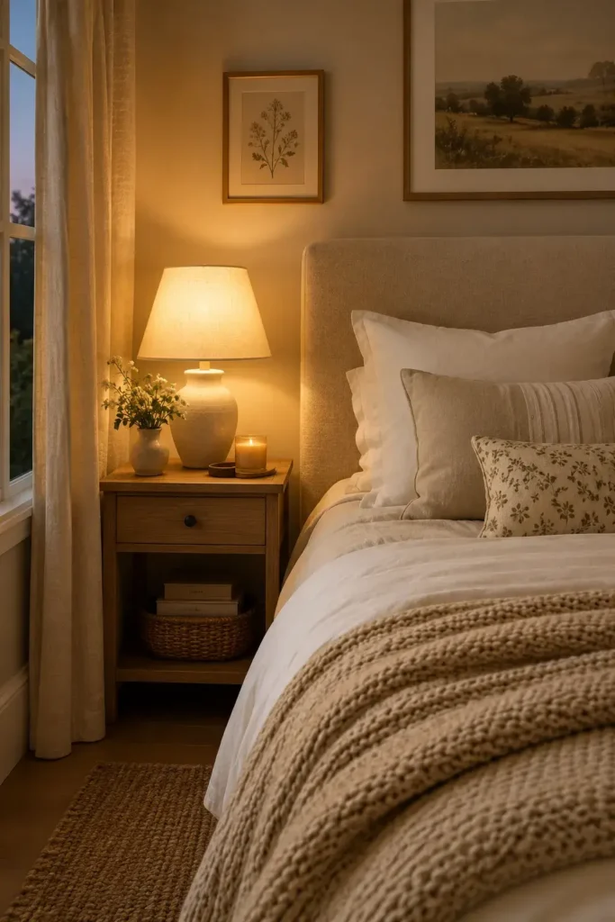 Warm bedside bedroom lamp creating a cozy glow beside a neutral bed