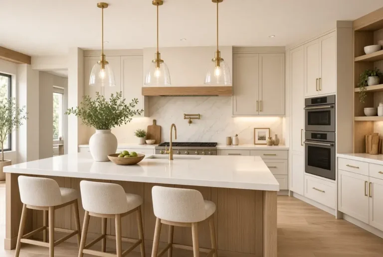 Modern kitchen with beautiful pendant lighting over a white island