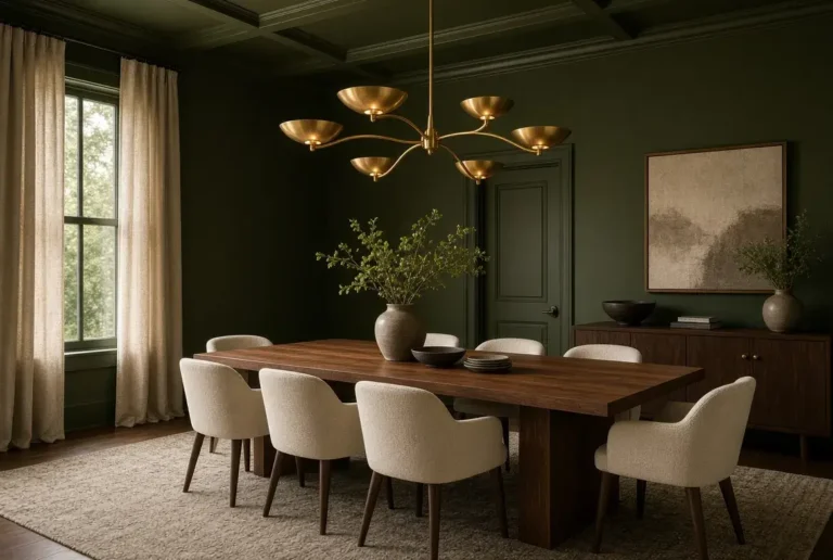 Moody drenched dining room with deep olive green walls, walnut table, cream chairs, and brass chandelier.