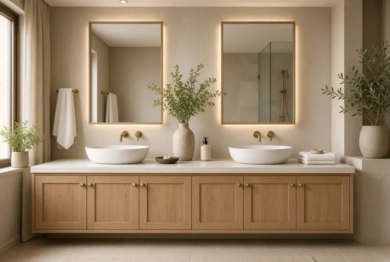 Modern double sink bathroom with warm wood vanity and brass fixtures