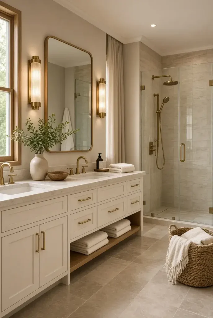 Warm neutral primary bathroom with beige walls and natural wood accents