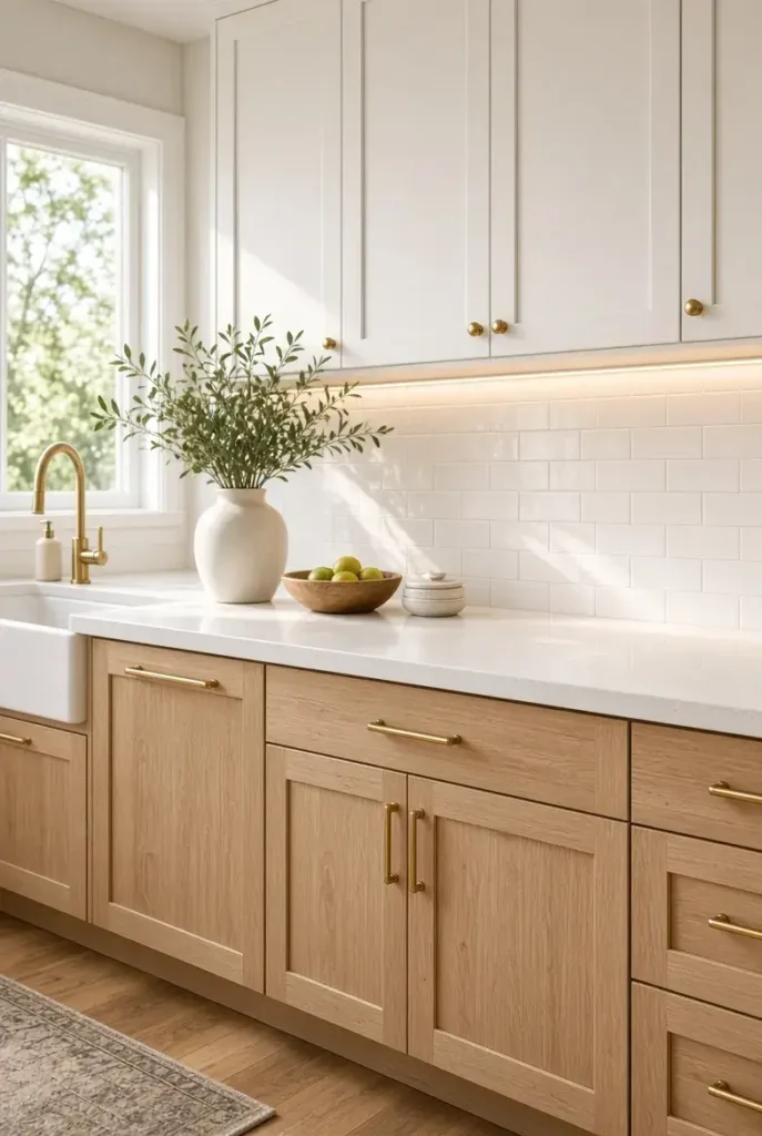 Classic white subway tile kitchen backsplash with warm wood cabinets and brass hardware