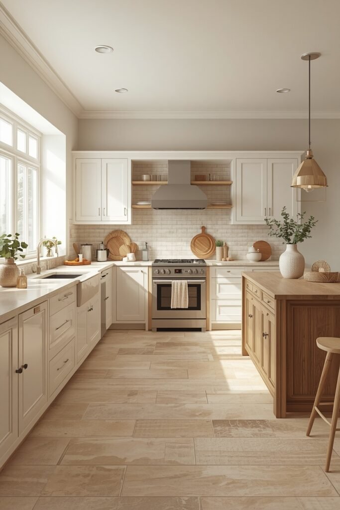  Warm beige kitchen tile floor with cream cabinets, natural wood accents, and soft pendant lighting.