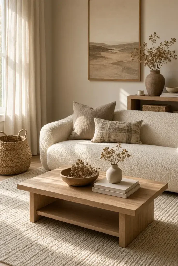 Warm neutral living room with cream sofa, beige tones, natural wood, and cozy textures
