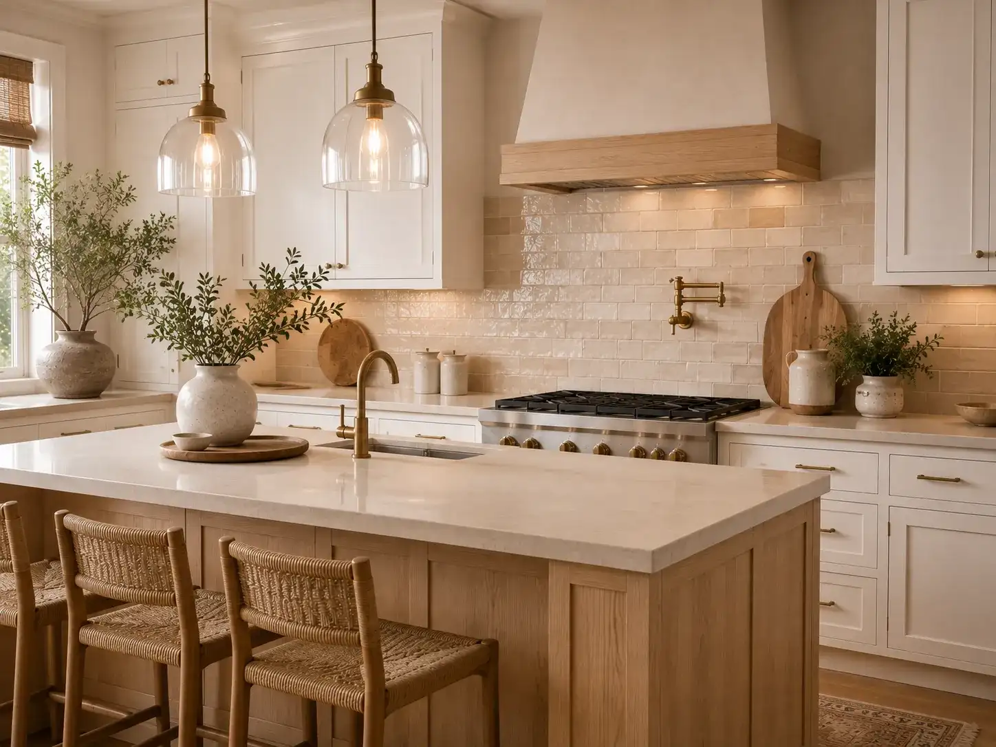 Beautiful modern kitchen featuring warm neutral kitchen backsplash ideas, white cabinets, oak island, and brass fixtures