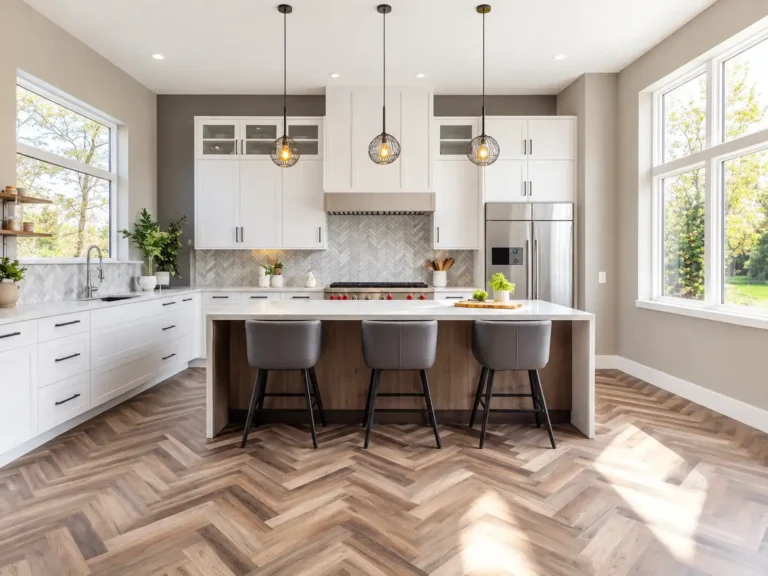 Modern kitchen with stylish tile flooring, white cabinets, and a warm neutral design